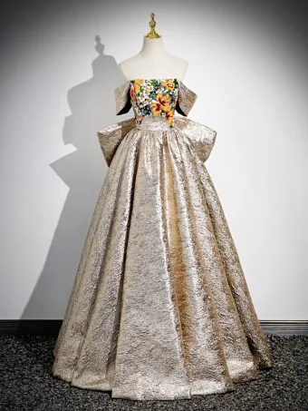 Élégant Doré Paillettes Robe De Bal 2024 Robe Boule Bustier Sans Manches Dos Nu Noeud Longue Promo Robe De Ceremonie
