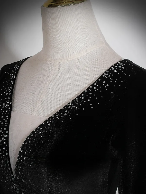 Exquisite Black Rhinestone Prom Dresses 2026 A-Line / Princess V-Neck 3/4 Sleeve Backless