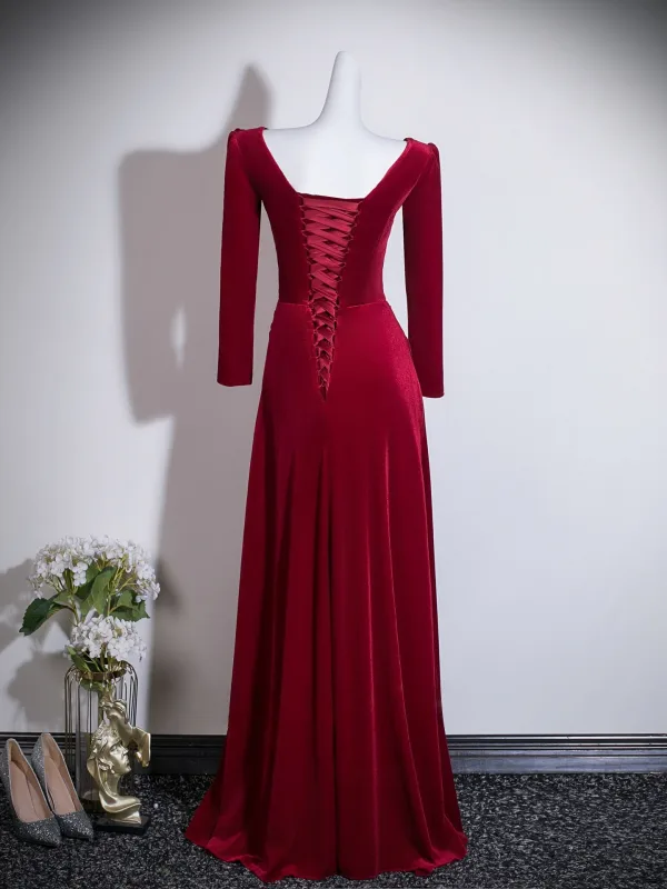Modest Simple Red Velvet Prom Dresses 2026 A-Line Princess Square Neckline 3/4 Sleeve