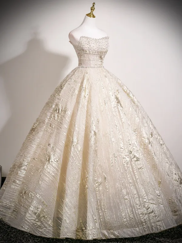 Chic / Beautiful Champagne Beading Sequins Prom Dresses 2025 Ball Gown Off-The-Shoulder Short Sleeve Backless Floor-Length / Long Prom Formal Dresses