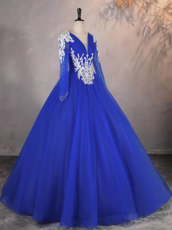 Vintage / Retro Royal Blue Beading Pearl Rhinestone Prom Dresses 2025 Ball Gown V-Neck Sleeveless Backless Floor-Length / Long Formal Dresses