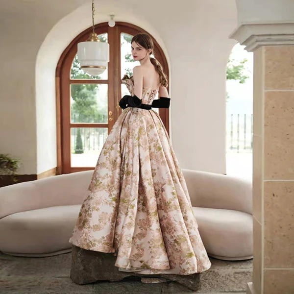 High-end Multi-Colors Printing Prom Dresses 2022 Ball Gown Strapless Sleeveless Backless Bow Sash Floor-Length / Long Formal Dresses