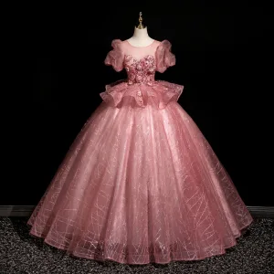 Elegante Blozen Roze Pailletten Kant Bloem Galajurken 2025 Baljurk Ronde Hals Korte Mouwen Ruglooze Lange Gala Gelegenheid Jurken