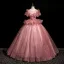 Elegant Blushing Pink Sequins Lace Flower Prom Dresses 2025 Ball Gown Scoop Neck Short Sleeve Backless Floor-Length / Long Prom Formal Dresses