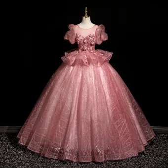 Elegante Rosa Pailletten Spitze Blumen Ballkleider 2025 Ballkleid Rundhalsausschnitt Kurze Ärmel Rückenfreies Lange Ball Festliche Kleider