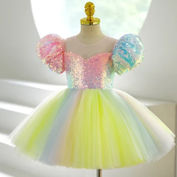 Colored Multi Colors Sequins Short Party Dresses Flower Girl Dresses 2022 Ball Gown Scoop Neck Puffy Short Sleeve Flower Girl Dresses