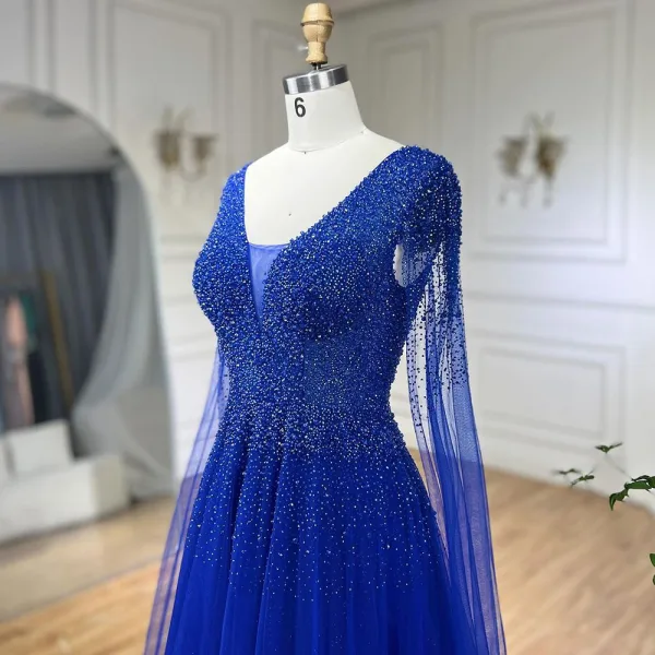 High-end Royal Blue Handmade  Beading Prom Dresses 2024 A-Line / Princess V-Neck Sleeveless Backless Floor-Length / Long Prom Formal Dresses