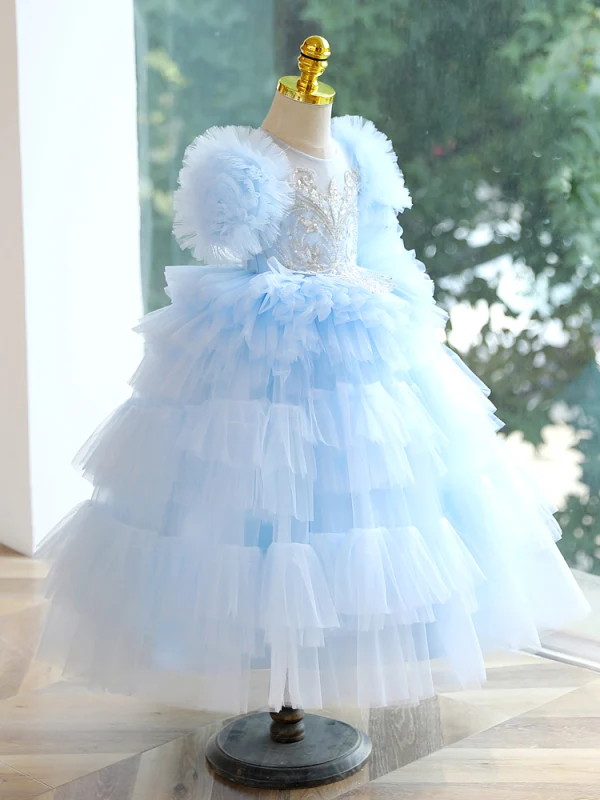 Fashion Sky Blue Beading Sequins Cascading Ruffles Birthday Flower Girl Dresses 2023 Ball Gown Scoop Neck Short Sleeve Backless Floor-Length / Long Flower Girl Dresses