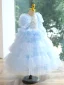Fashion Sky Blue Beading Sequins Cascading Ruffles Birthday Flower Girl Dresses 2023 Ball Gown Scoop Neck Short Sleeve Backless Floor-Length / Long Flower Girl Dresses