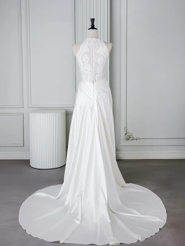 Vintage / Retro White Beading Lace Flower Wedding Dresses 2025 Trumpet / Mermaid High Neck Sleeveless Sweep Train