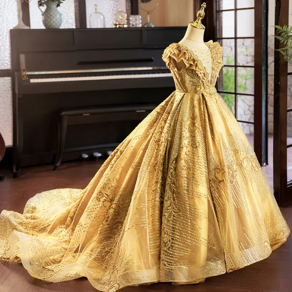 High-end Gold Beading Pearl Rhinestone Sequins Birthday Flower Girl Dresses 2023 Ball Gown Scoop Neck Sleeveless Court Train Flower Girl Dresses