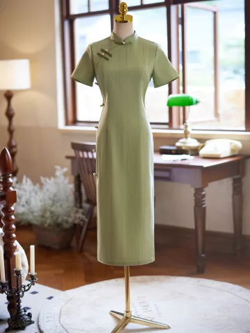 Chinese Style Sage Green Tea Length Cheongsam 2024 Trumpet Mermaid High Neck Short Sleeve