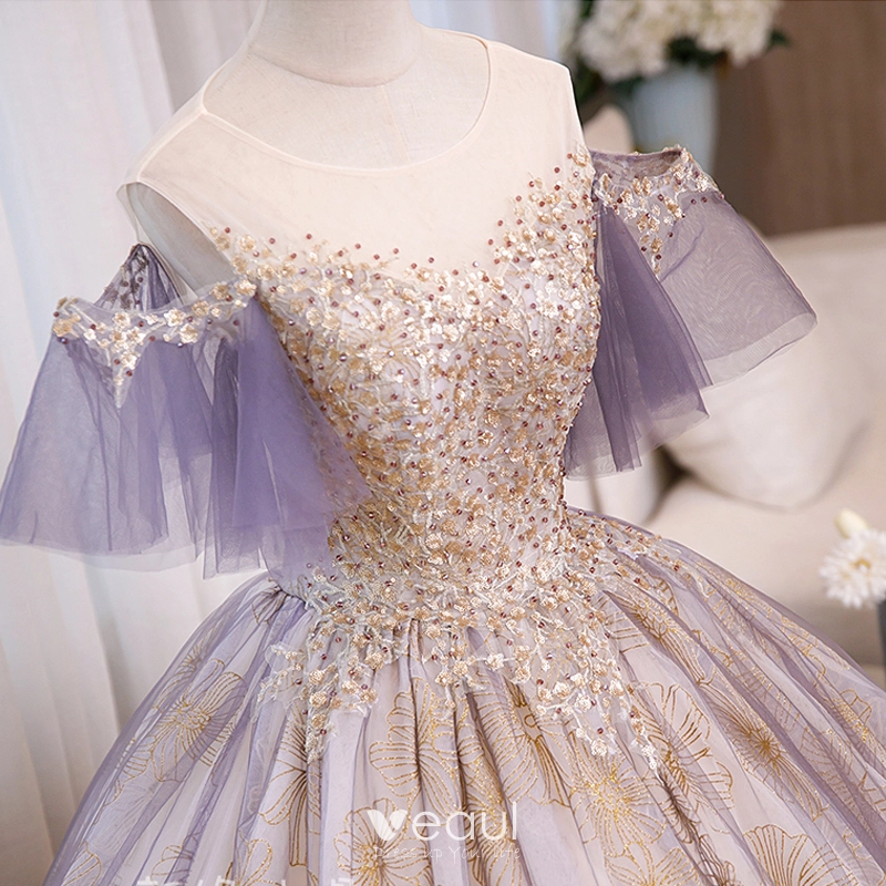 strapless open back dress Chic A-line V neck Lace Beaded Long Prom Dress Lilac Elegant Evening D –  SELINADRESS main image 0