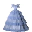 Chic / Beautiful Sky Blue Cascading Ruffles Prom Dresses 2023 Ball Gown Off-The-Shoulder Ruffle Short Sleeve Backless Floor-Length / Long Prom Formal Dresses