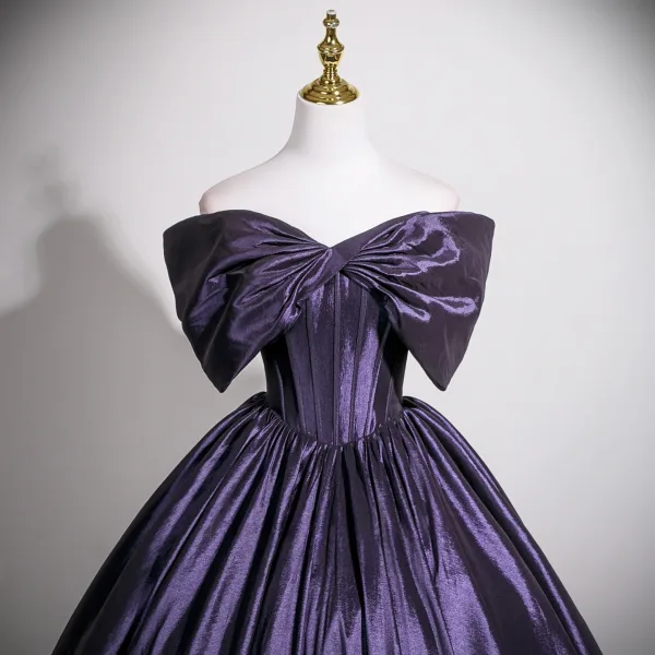 Vintage / Retro Purple Prom Dresses 2025 Ball Gown Bow Off-The-Shoulder Short Sleeve Backless Floor-Length / Long Formal Dresses