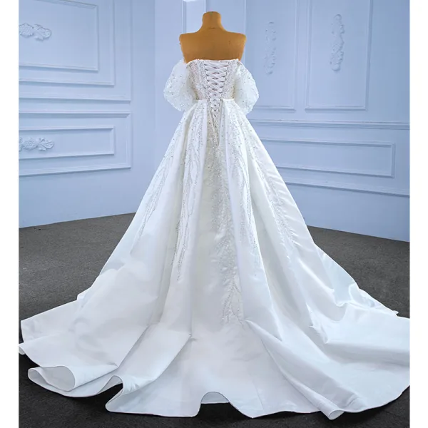 Charming White Trumpet / Mermaid Wedding Dresses 2022 Off-The-Shoulder Puffy Short Sleeve Backless Beading Pearl Sequins Floor-Length / Long Wedding