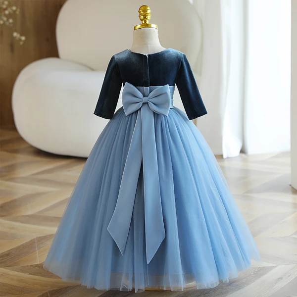 Modest / Simple Navy Blue Wedding Flower Girl Dresses 2023 Ball Gown Scoop Neck Short Sleeve Bow Floor-Length / Long Flower Girl Dresses
