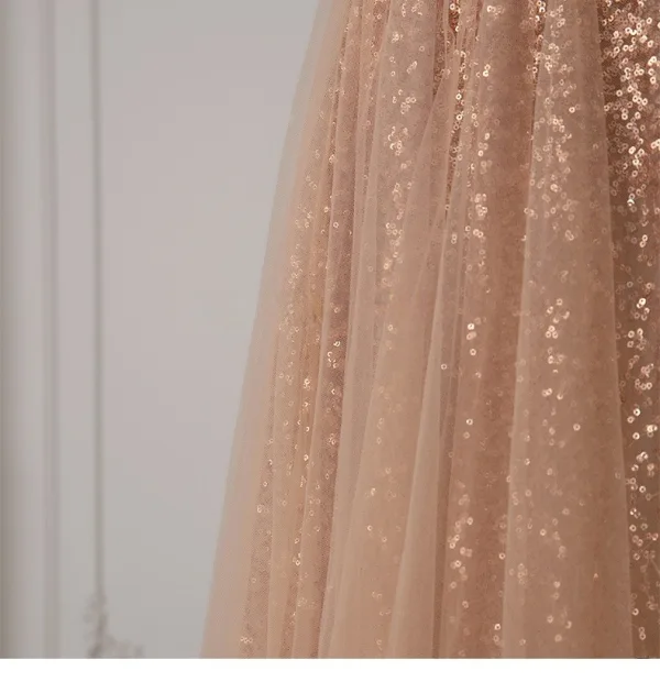 Scintillantes Champagne Paillettes Robe De Bal 2025 Princesse Une épaule Manches Courtes Dos Nu Longue Robe De Ceremonie