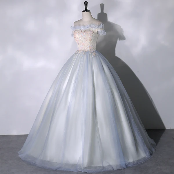 Elegant Sky Blue Sequins Prom Dresses 2023 Ball Gown Off-The-Shoulder Short Sleeve Backless Floor-Length / Long Prom Formal Dresses