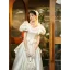 Vintage Weiß Satin Brautkleider / Hochzeitskleider 2023 A Linie V-Ausschnitt Geschwollenes Kurze Ärmel Rückenfreies Sweep / Pinsel Zug Hochzeit