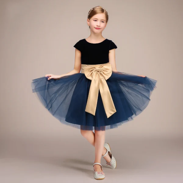 Chic / Belle Bleu Marine Anniversaire Courte Robe Ceremonie Fille 2022 Robe Boule Encolure Dégagée Noeud Ceinture Sans Manches Robe Ceremonie Fille