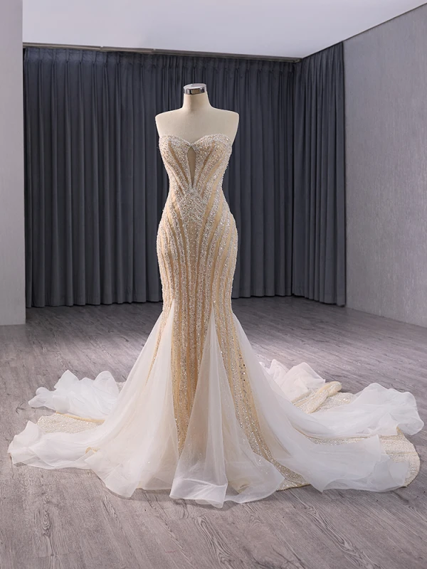 Sparkly High-end Champagne Handmade  Beading Pearl Sequins Evening Dresses 2024 Trumpet / Mermaid Strapless Sleeveless Backless Floor-Length / Long Evening Party