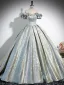 Charming Gold Silver Prom Dresses 2024 Ball Gown Ruffle Off-The-Shoulder Short Sleeve Backless Sweep Train Prom Formal Dresses