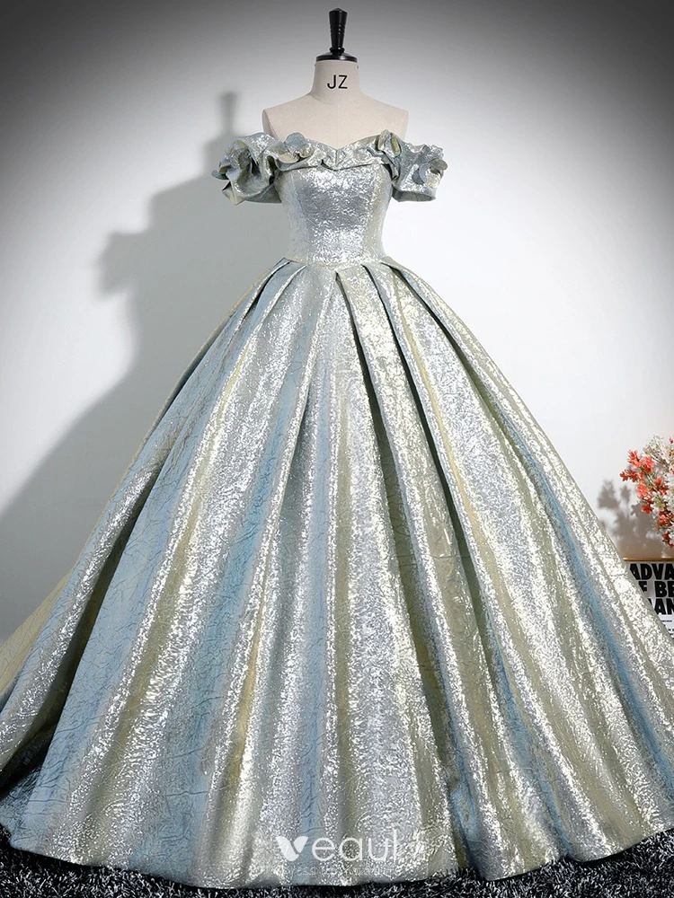 Charming Gold Silver Prom Dresses 2024 Ball Gown Ruffle Off