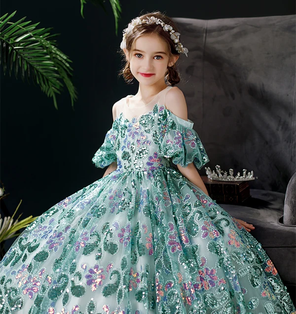 Vintage / Retro Green Sequins Birthday Flower Girl Dresses 2024 Ball Gown Scoop Neck Short Sleeve Floor-Length / Long