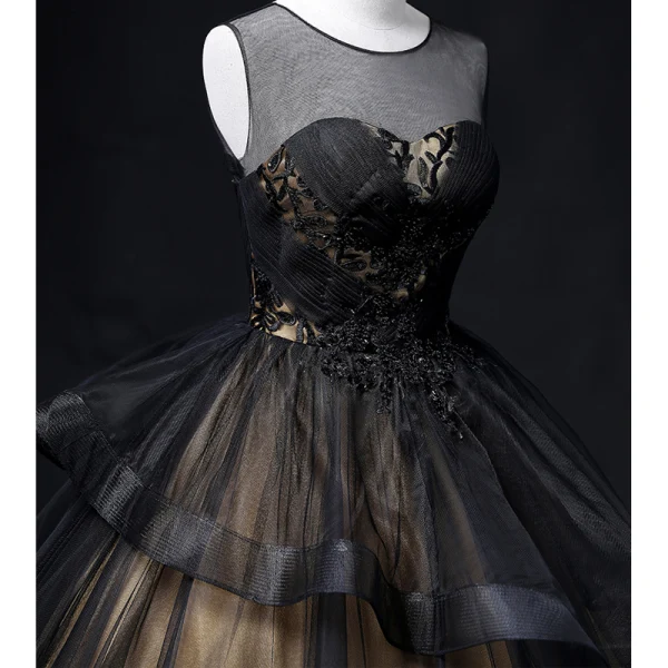 Elegant Black Beading Lace Flower Prom Dresses 2022 Ball Gown Scoop Neck Sleeveless Backless Cascading Ruffles Floor-Length / Long Formal Dresses