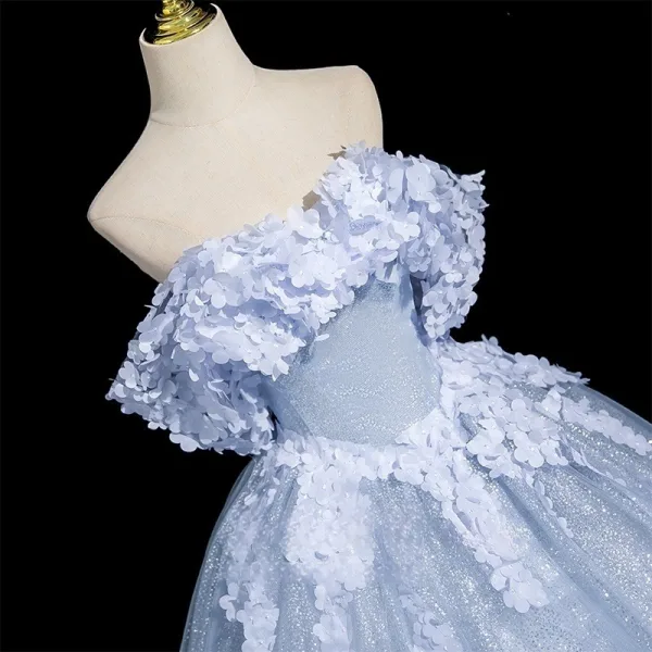 Chic / Beautiful Sky Blue Appliques Prom Dresses A-Line / Princess 2025 Off-The-Shoulder Short Sleeve Backless Floor-Length / Long Formal Dresses