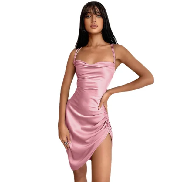 Sexy Einfarbig Stretch-Satin Regulär Salbeigrün Damen Leibchen Kleider 2021 Gekreuzte Träger Spaghettiträger Rüschen Ärmellos