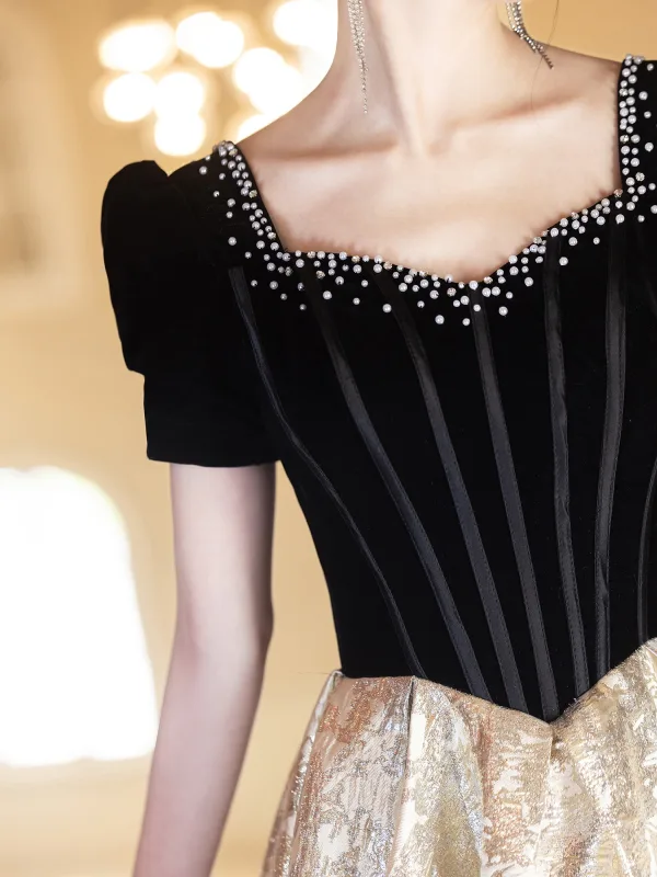 Charming Black Pearl Glitter Prom Dresses 2025 A-Line / Princess Square Neckline Short Sleeve Backless Floor-Length / Long Formal Dresses