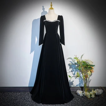 Vintage Retro Black Winter Pearl Velvet Prom Dresses 2024 A Line Princess Square Neckline Long Sleeve Backless Floor Length Long