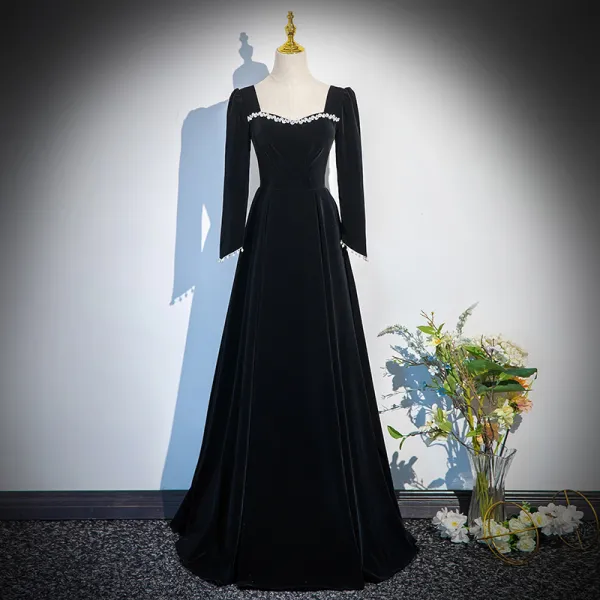 Vintage / Retro Black Winter Pearl Velvet Prom Dresses 2024 A-Line / Princess Square Neckline Long Sleeve Backless Floor-Length / Long
