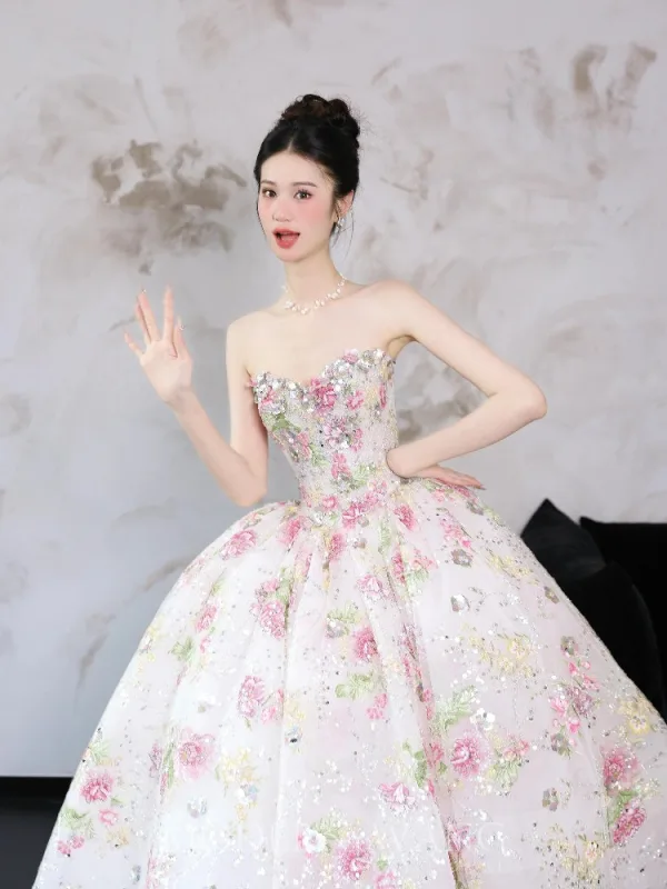 Flower Fairy Bling Bling White Sequins Flower Wedding Dresses 2025 Ball Gown Strapless Sleeveless Backless Floor-Length / Long Tulle
