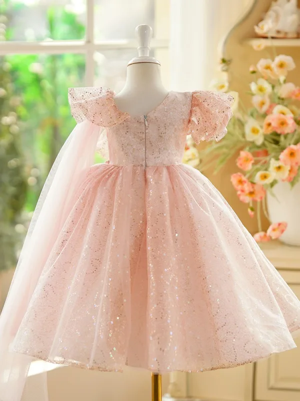 Bling Bling Blushing Pink Beading Pearl Sequins Birthday Flower Girl Dresses 2024 Ball Gown Scoop Neck Puffy Short Sleeve Floor-Length / Long