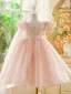 Bling Bling Blushing Pink Beading Pearl Sequins Birthday Flower Girl Dresses 2024 Ball Gown Scoop Neck Puffy Short Sleeve Floor-Length / Long