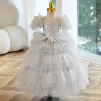 Chic Beautiful Grey Beading Sequins Cascading Ruffles Flower Girl Dresses 2023 Ball Gown Scoop Neck Puffy Short Sleeve Backless Floor Length Long Flower Girl Dresses