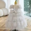 Chic / Beautiful Grey Beading Sequins Cascading Ruffles Flower Girl Dresses 2023 Ball Gown Scoop Neck Puffy Short Sleeve Backless Floor-Length / Long Flower Girl Dresses