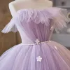Elegant Lavender Cascading Ruffles Appliques Prom Dresses 2023 Ball Gown Off-The-Shoulder Sleeveless Pearl Backless Sash Sweep Train Prom Formal Dresses