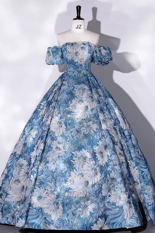 Elegant Pool Blue Printing Prom Dresses 2022 Ball Gown Off-The-Shoulder Short Sleeve Backless Floor-Length / Long Prom Formal Dresses