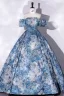 Elegant Pool Blue Printing Prom Dresses 2022 Ball Gown Off-The-Shoulder Short Sleeve Backless Floor-Length / Long Prom Formal Dresses