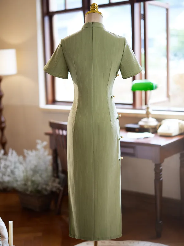 Chinese style Sage Green Tea-length Cheongsam 2024 Trumpet / Mermaid High Neck Short Sleeve