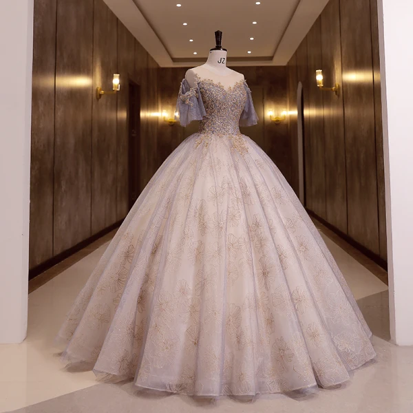 Elegant Purple Prom Dresses 2022 Ball Gown Scoop Neck Beading Sequins Short Sleeve Backless Floor-Length / Long Formal Dresses