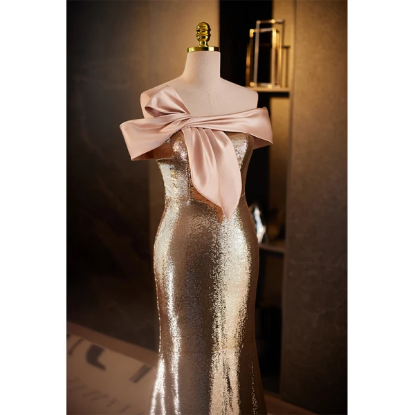 Glitzernden Sexy Gold Pailletten Abendkleider 2023 Meerjungfrau One-Shoulder Schleife Ärmellos Rückenfreies Lange Abend Festliche Kleider