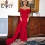 Elegant Red Evening Dresses 2022 Trumpet / Mermaid Bow Off-The-Shoulder Short Sleeve Backless Floor-Length / Long Evening Party Formal Dresses
