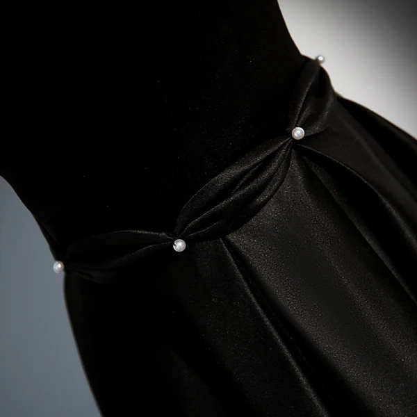Charming Black Pearl Evening Dresses 2023 A-Line / Princess Spaghetti Straps Sleeveless Backless Floor-Length / Long Satin Evening Party Formal Dresses