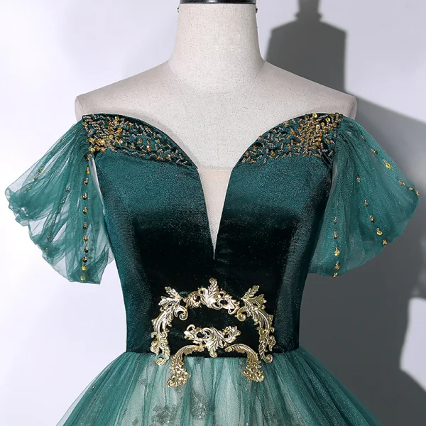 Elegant Dark Green Beading Sequins Prom Dresses 2023 Ball Gown Off-The-Shoulder Short Sleeve Backless Floor-Length / Long Prom Formal Dresses
