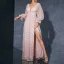 Chic / Beautiful Blushing Pink Lace Flower Split Front Prom Dresses 2025 A-Line / Princess V-Neck Long Sleeve Backless Floor-Length / Long Prom Formal Dresses